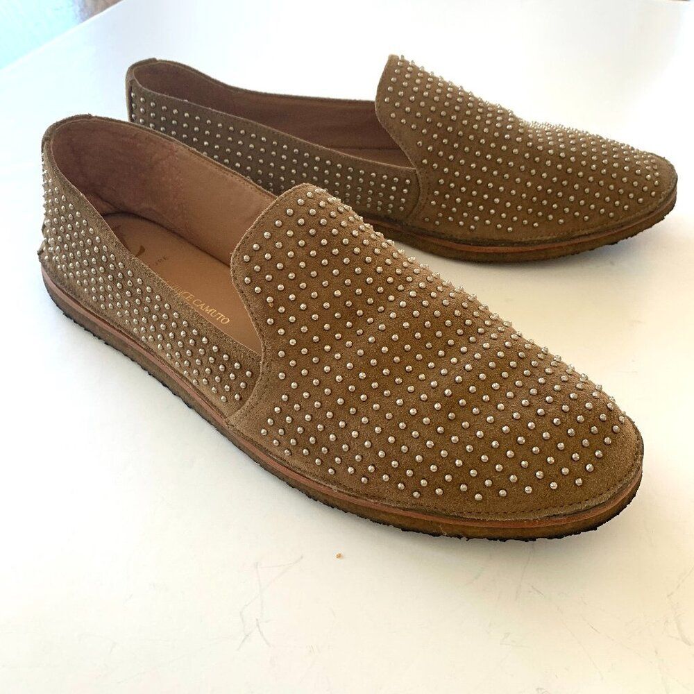 Vince Camuto Signature Studded Suede Slip-On Flats Like New Size 10M Tobacco